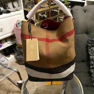 AUTHENTIC Burberry Canvas Mega Check Ashby Hobo Tan and Red